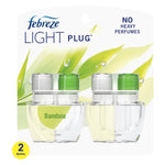 Packaged Febreze Light Plug refill duo labeled Bamboo showing two clear oil refill bottles on white backing with green leaf graphics.