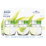 Front packaging of Febreze Light Plug three refill pack showing three clear oil refill bottles and bamboo art