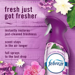 Close-up of Febreze Air Mist Lilac Sunrise bottle with purple background and product benefit text