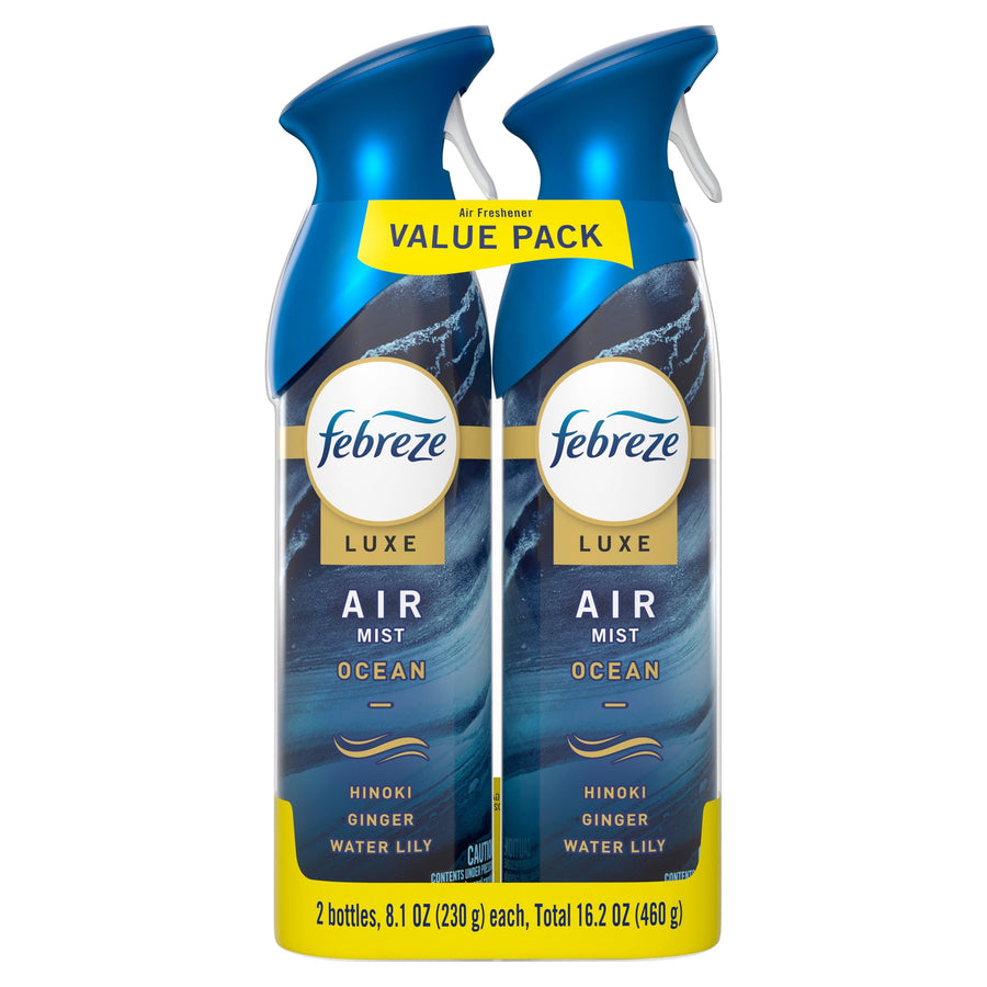 Two Febreze Luxe Air Mist Ocean spray bottles in a value-pack carrier labeled with Hinoki, Ginger and Water Lily notes.