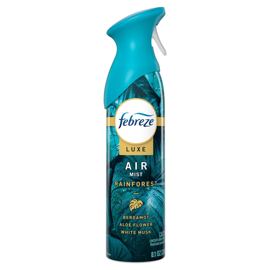 Febreze Luxe Air Mist Rainforest aerosol bottle with teal actuator and rainforest label artwork