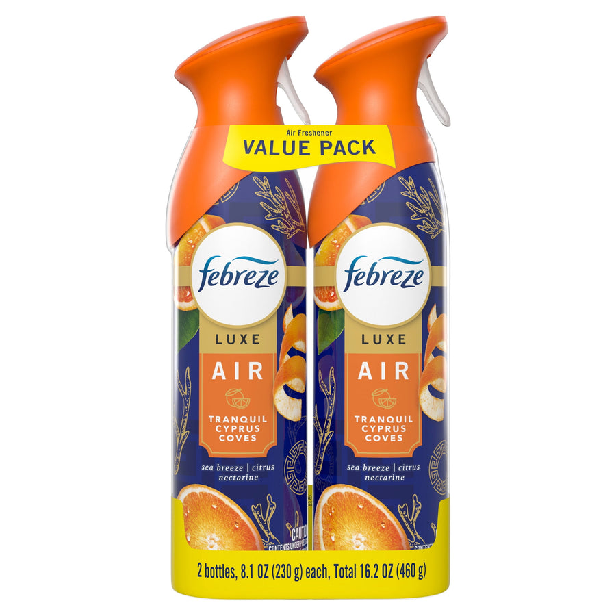 Two Febreze LUXE AIR 'Tranquil Cyprus Coves' spray bottles in a yellow 'Value Pack' sleeve with orange caps