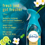 Close-up of teal Febreze Luxe spray releasing mist with copy listing freshness benefits and floral accents