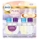 Retail blister card of Febreze Luxe Plug refills with visible “Cuddle Weather” label and latte image on the packaging.