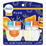 Front-facing pack shot of Febreze Luxe plug-in two refill pack on blue backing showing two clear refill bottles and branding.