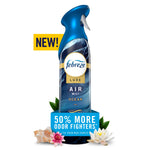 Febreze Luxe Air Mist bottle in deep blue packaging labeled Ocean with promotional badge reading 50% more odor fighters