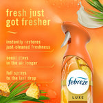 Partial Febreze Luxe spray bottle on orange background with text 'fresh just got fresher' and pineapple accents.