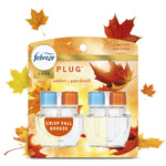 Febreze Luxe plug-in scented oil refill 2-pack blister card with autumn leaves and 'Crisp Fall Breeze' label