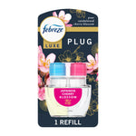 Febreze Luxe plug refill pack showing two scented oil bottles and cherry blossom art