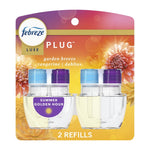 Febreze Luxe Plug Summer Golden Hour retail blister pack showing two clear refill bottles and flower graphics