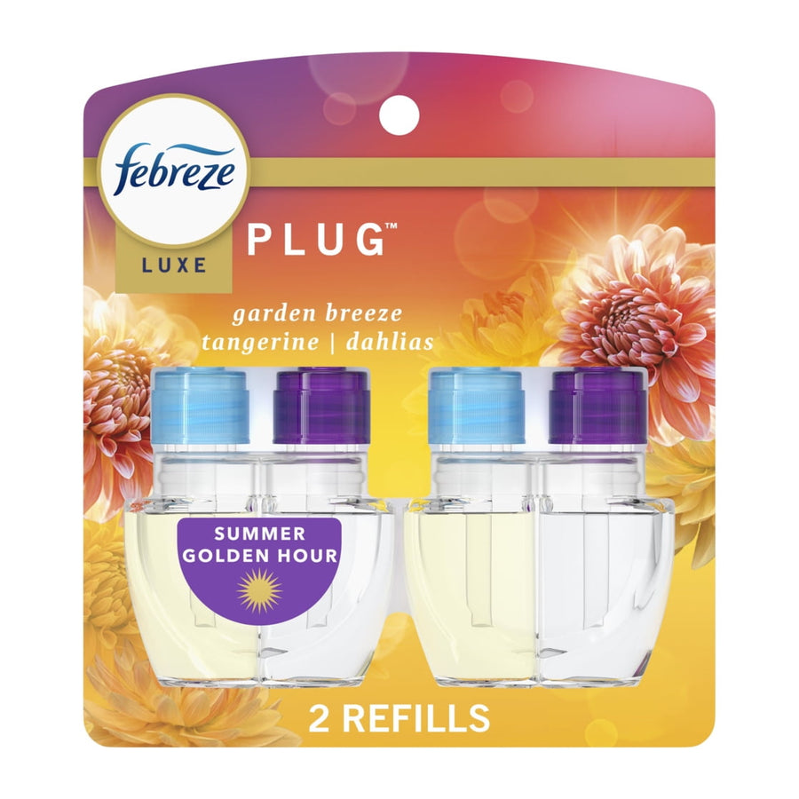 Febreze Luxe Plug Summer Golden Hour retail blister pack showing two clear refill bottles and flower graphics
