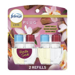 Packaged Febreze Luxe plug-in oil refills with Vanilla Suede label and floral background