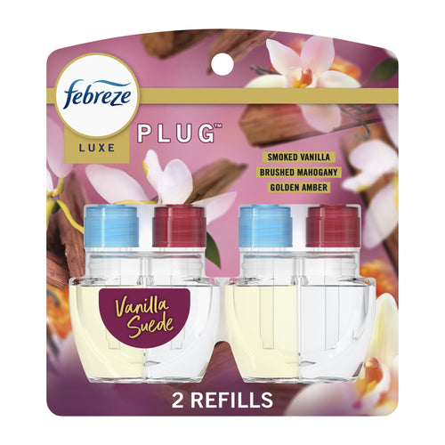 Packaged Febreze Luxe plug-in oil refills with Vanilla Suede label and floral background