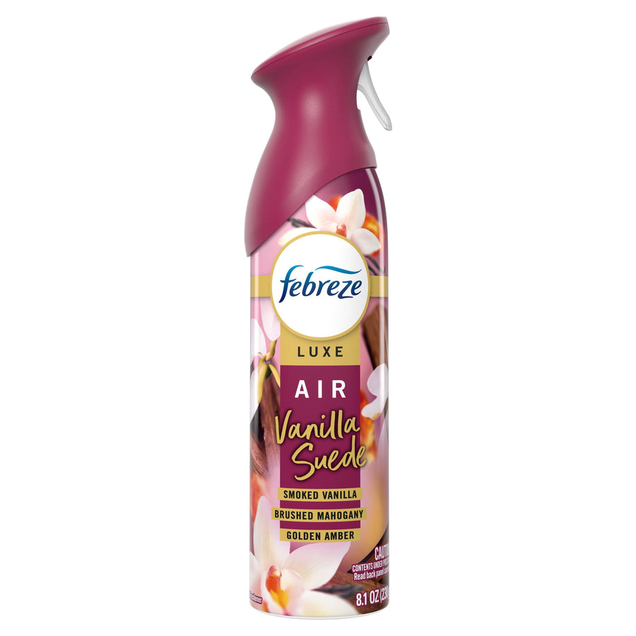 Febreze Luxe Air spray can labeled 'Vanilla Suede' with floral design and maroon spray actuator, white background