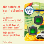 Febreze Car Mango Splash packaging with product image and infographic text about 3X control and 40 days of scent