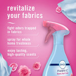 Close-up marketing graphic of Febreze spray bottle with pink background and text highlighting fabric-refresh benefits.