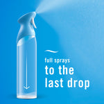 Illustration of a Febreze spray bottle and mist with text ‘full sprays to the last drop’ on blue background