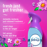 Partial Febreze Air Mist bottle with purple cap on pink background and text listing benefits like longer-lasting scent and full sprays.