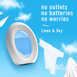Product-style graphic of a Febreze Small Spaces device beside hanging laundry with text ‘no outlets no batteries’ and Linen & Sky