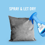 Febreze spray nozzle misting a gray pillow with instructional text 'Spray & Let Dry' on a blue background