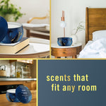 Lifestyle collage showing the Febreze Ocean blue candle placed on bedside and table settings with text 'scents that fit any room'.