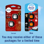 Comparison graphic showing current and new Febreze Auto Old Spice packaging side by side with note you may receive either package