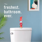 Bathroom scene showing a Febreze Watermelon spray can placed on a toilet tank with text ‘freshest. bathroom. ever.’