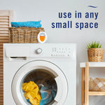 Laundry room scene with Febreze oval air freshener placed on top of a front-load washer and text 'use in any small space'