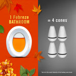 Split graphic showing one Febreze bathroom device on orange background and four cone-style air fresheners on gray side for comparison