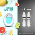 Comparison graphic showing one Febreze Bathroom device equal to four cone air fresheners with citrus accents