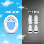 Split graphic comparing one Febreze Small Spaces device on a blue sky background to four cone-style air fresheners on a gray background