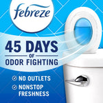 Febreze logo and an oval bathroom air freshener mounted on a toilet with text declaring 45 days of odor fighting