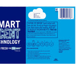 Blue product panel showing caution text, barcode and small installation icons on Febreze packaging back label