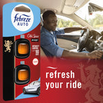 Lifestyle graphic with Febreze AUTO Old Spice Swagger packaging at left and a smiling driver in a car interior at right, slogan refresh your ride