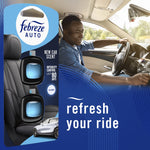 Packaged Febreze AUTO New Car product shown beside a smiling driver in a lifestyle scene with "refresh your ride" text