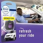 Packaged Febreze Car Midnight Storm vent clip shown beside a smiling driver in a car interior lifestyle image