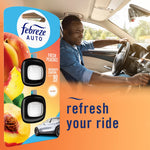 Packaged Febreze Auto Fresh Peaches clip art beside a smiling driver and the phrase 'refresh your ride'