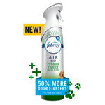 Febreze Air Mist Pet Odor Fighter spray bottle with 'NEW' badge, paw prints, and a 50% more odor fighters callout.