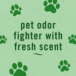 Green textured background with paw print graphics and the text 'pet odor fighter with fresh scent'.