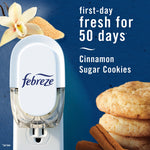 Febreze plug inserted in outlet with cookie and spice imagery and copy reading fresh for 50 days Cinnamon Sugar Cookies.