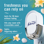 Febreze plug-in unit graphic with product claims about 50 days of freshness on teal background