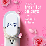 White Febreze plug-in device on pink background with rose petals and text claiming first-day fresh for 50 days