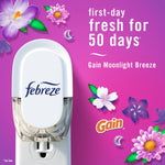 Febreze plug against a pink background with floral accents and copy claiming first-day fresh for 50 days