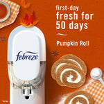 Febreze plug inserted in outlet with text 'first-day fresh for 50 days' and pumpkin roll dessert imagery on orange background