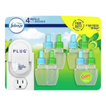 Febreze Plug air freshener starter unit shown with five clear Gain-scented refill bottles against green packaging background.