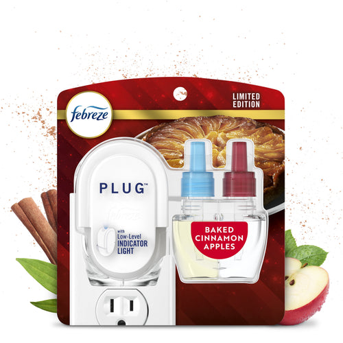 Febreze Plug starter kit blister pack with plug device and refill labeled Baked Cinnamon Apples on festive red backing
