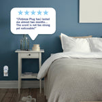 Bedroom scene with a Febreze plug-in on the wall and a customer five-star testimonial callout