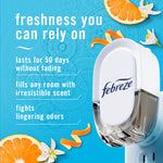 Close-up product graphic of a Febreze plug unit with benefit text on a blue background and citrus accents