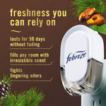 Close-up of a Febreze plug-in air freshener unit with text listing benefits like lasting 50 days and fighting lingering odors