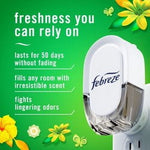 Close-up graphic of Febreze Plug warmer on green background with text highlighting freshness and product benefits